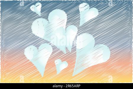 Beautiful blue hearts drawn in a shaded style against the background of dawn. Vector illustration Stock Vector