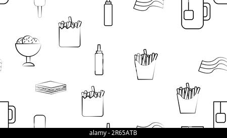 Black and white endless seamless pattern of food and snack items icons set for restaurant bar cafe: fries, sandwich, ketchup, ice cream, tea, bacon. T Stock Vector