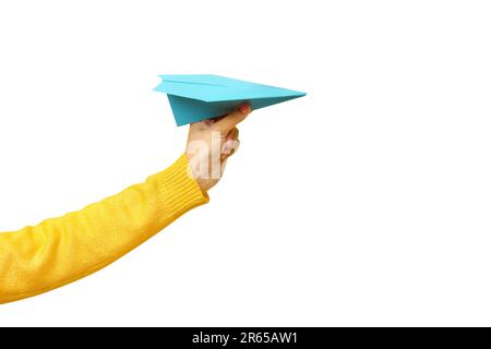 hand holding paper plane isolated on white background Stock Photo