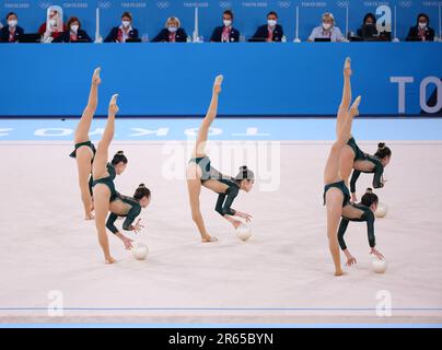 AUG 8, 2021 - Tokyo, Japan: Guo Qiqi, Hao Ting, Huang Zhangjiayang, Liu Xin and Xu Yanshu of Team China in the Rhythmic Gymnastics Group All-Around Final at the Tokyo 2020 Olympic Games (Photo: Mickael Chavet/RX) Stock Photo