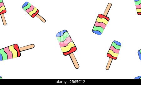 popsicle ice cream on a stick on a white background, vector illustration, pattern. appetizing bright dessert with fruit toppings. drawing on wallpaper Stock Vector