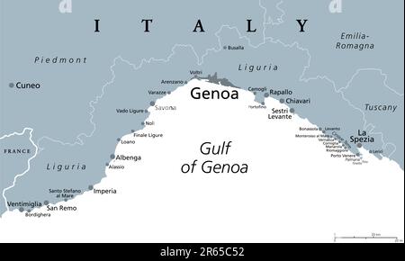 Liguria and the Italian Riviera, the Ligurian Riviera, gray political map. A region of north-western Italy, with capital Genoa. Coastal strip. Stock Photo