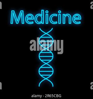 Bright luminous blue medical digital neon sign for a pharmacy or hospital store beautiful shiny with a dna molecule spiral and the inscription medicin Stock Vector