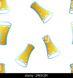 Endless seamless pattern of yellow beautiful glass goblets with alcohol tasty tasty light beer, foamy hop lager on a white background. Vector illustra Stock Vector