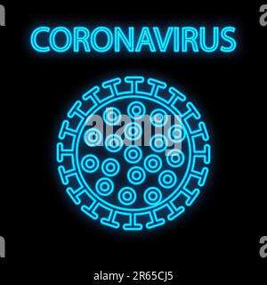 Bright glowing blue medical scientific digital neon sign for hospital laboratory pharmacy beautiful with coronavirus pandemic virus on black backgroun Stock Vector