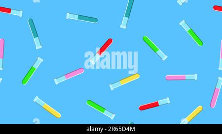 Seamless pattern texture of endless repetitive long multi-colored medical chemical glass scientific test tubes of flasks cans on blue background. Vect Stock Vector