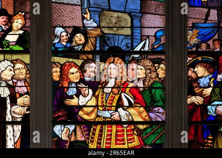 A massive stained glass window depicting the French naval commander and privateer Jean Bart (1650-1702) at the town hall of Dunkirk (Nord), France Stock Photo