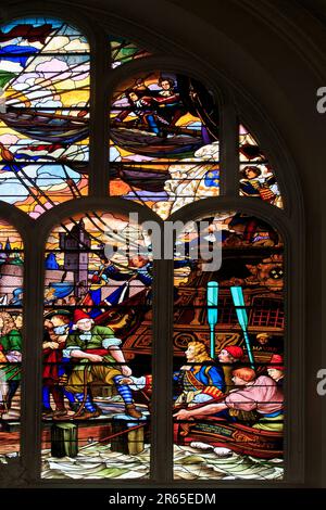 A massive stained glass window depicting the French naval commander and privateer Jean Bart (1650-1702) at the town hall of Dunkirk (Nord), France Stock Photo