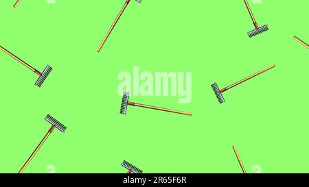 Texture, seamless abstract pattern of building garden metal wooden rake with barbs for repair, grass and foliage harvesting tool on green grass backgr Stock Vector