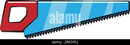 A sharp construction blue and red hand saw icon, a wood saw with a metal blade with prongs and a handle for cutting wood. Construction tool. Vector il Stock Vector