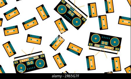 Texture seamless pattern from old vintage retro hipstersih stylish isometric music audio tape recorder for listening to audio cassettes from the 70's, Stock Vector