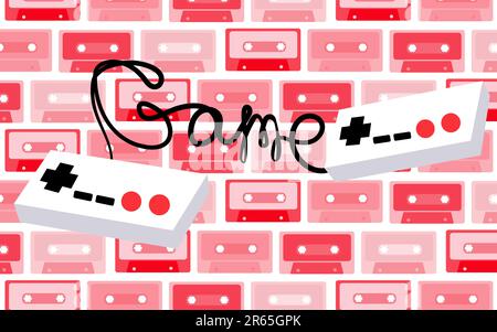Two old white retro vintage antique hipster joystick for game console for video games and an inscription game from the 80's, 90's on a background of p Stock Vector