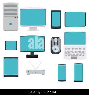 Vector illustration of a large set of flat icons of digital smartphone smartphones computers monitors laptop modems on a white background. Concept: co Stock Vector
