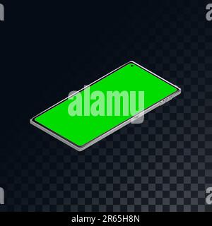Mobile isometric phone, smart phone with a green screen on a translucent dark squared gray background of squares. Vector illustration. Stock Vector