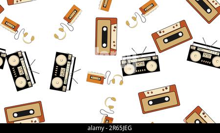 Texture, seamless pattern from audiowder with headphones, old vintage retro hipster film audio cassette and music cassette tape recorder. Poster. Vect Stock Vector