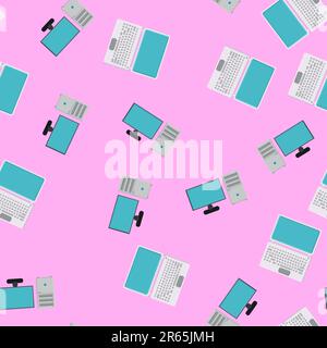 Seamless pattern, texture of modern powerful digital laptops and office computers with a monitor and a rectangular system unit, technology isolated on Stock Vector