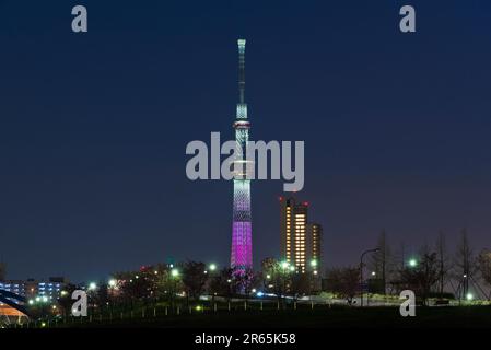 Illuminated Tokyo Sky Tree close-up Stock Photo