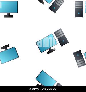Computer PC monitor display with HD video technology icon isolated seamless pattern on red background. Vector. Stock Vector