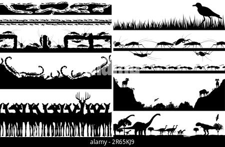 Set of editable vector foregrounds of animal scenes with all individual animals as separate objects Stock Vector