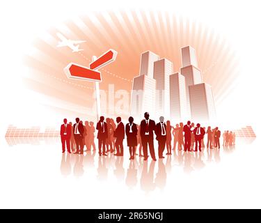 Businesspeople are standing in front of a direction sign, high buildings in the background. Stock Vector