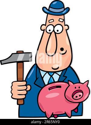 illustration of man with hammer and piggy bank Stock Vector