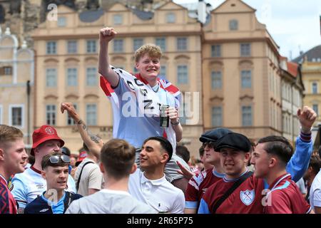 Prague, Czechia. 07th June, 2023. West Ham United fans in the centre of Prague before the UEFA Conference League Final match between Fiorentina and West Ham United at Fortuna Arena on June 7th 2023 in Prague, Czechia. (Photo by Daniel Chesterton/phcimages.com) Credit: PHC Images/Alamy Live News Stock Photo