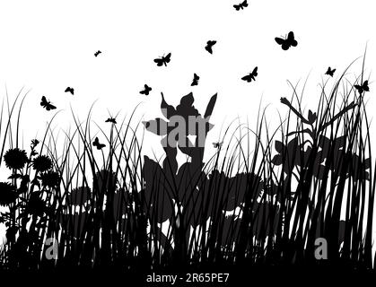 Vector grass silhouettes backgrounds with butterflies Stock Vector