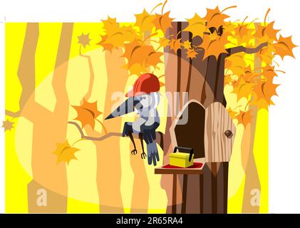 Woodpecker builder taking a pause during the work on a sunny autumn day Stock Vector