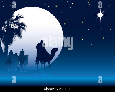 Nativity scene with wise men on camels going through the desert Stock Vector