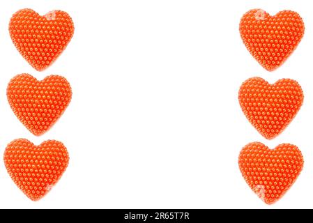 Frame of small red hearts. Heart isolated on white background. Collage. Free space for text. Stock Photo