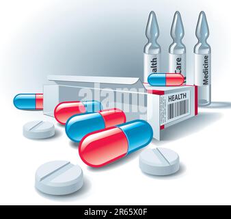 Pills, tablets, box and ampoules on white background. Vector Illustration. Stock Vector