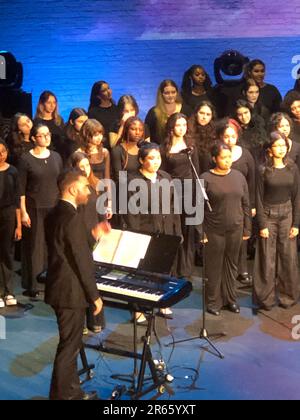 Manhattan, United States. 06th June, 2023. Manhattan Borough Arts festival 2023, Manhattan high schools and middle schools performed in historic Apollo Theatre, Fiorello H.LaGuardia tremble chorus, Simone Vysnovsky vocal high school student performance (Photo by Martina Kolozvaryova/Pacific Press) Credit: Pacific Press Media Production Corp./Alamy Live News Stock Photo