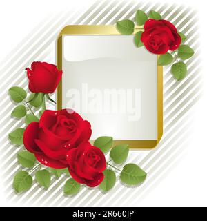 Red roses with gold frame on a white background Stock Vector