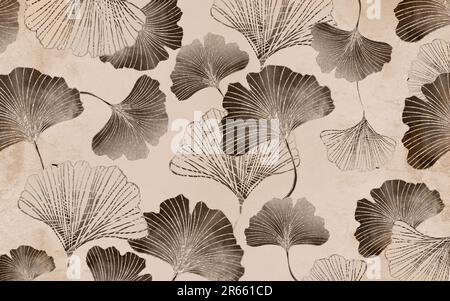 3d mural wallpaper. beige and brown ginkgo leaves on light gray background. artwork for wall home decor Stock Photo