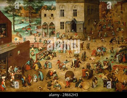 Children's Games painted by the Dutch Renaissance painter Pieter Breughel the Elder in 1560. Breughel was the most important painter of the Dutch and Flemish Renaissance. His choice of subjects was influential, he rejected portraits and religious scenes in favour of local and peasant scenes. Stock Photo