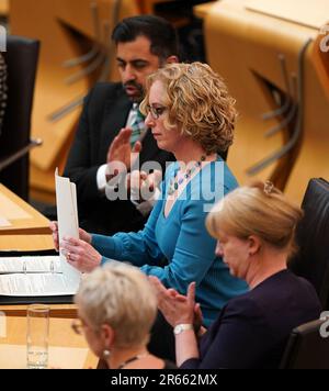 Scottish Government's circular economy minister Lorna Slater making a statement to MSPs in the Scottish Parlaiment, Edinburgh , on the planned deposit return scheme. Picture date: Wednesday June 7, 2023. Stock Photo