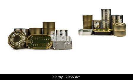 Mix of cans isolated on white background. Copy space. Stock Photo