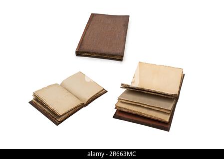 An open empty old notebook isolated on a white background. Copy space. Stock Photo