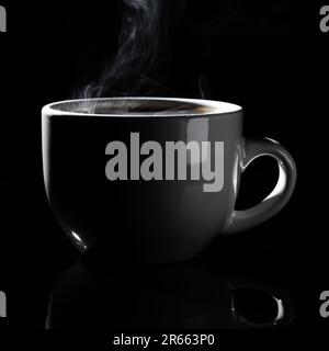 Studio photography of an isolated white coffee mug steaming against a black background Stock Photo