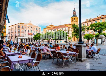 Atmosphere on the terraces of the Plaza Mayor - Main Square. Segovia, Castilla y León, Spain, Europe Stock Photo