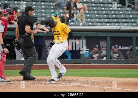 Salt Lake UT, USA. 6th June, 2023. Salt Lake left fielder Jordyn Adams (2)  makes a play during the game with Round Rock Express and Salt Lake Bees  held at Smiths Field