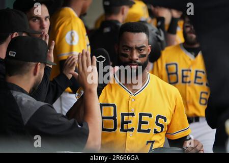 Salt Lake UT, USA. 6th June, 2023. Salt Lake left fielder Jordyn Adams (2)  makes a play during the game with Round Rock Express and Salt Lake Bees  held at Smiths Field