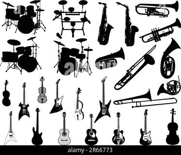Set of different stringed, wind and percussion instruments Stock Vector