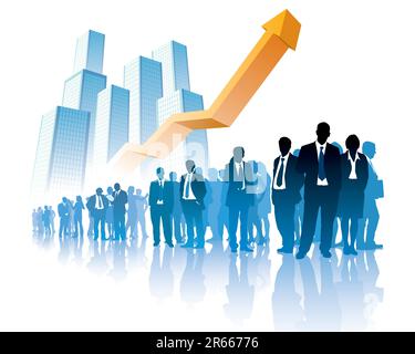 Businesspeople are standing in front of a large graph, high buildings in the background. Stock Vector