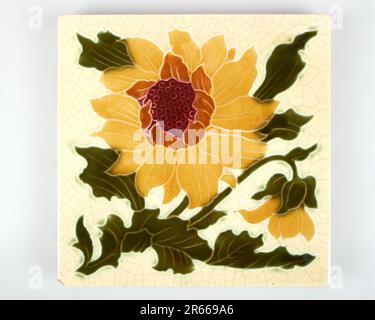 Antique 1900s Art Nouveau Minton sunflower pottery tile Stock Photo