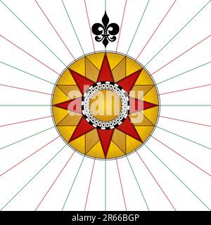 Compass rose with a fleur-de-lis pointing north. Compass star or wind rose with eight principal winds, showing the cardinal directions. Stock Photo