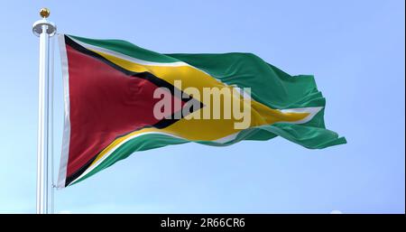 Close-up view of the Guyana national flag waving in the wind. The Co‑operative Republic of Guyana is a country on the northern mainland of South Ameri Stock Photo