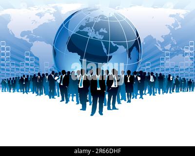 Businesspeople are standing in front of large world map. Stock Vector