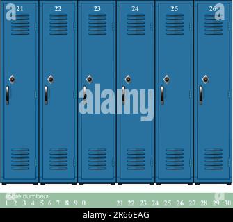 Empty blue school lockers with Combination Locks and spare nambers Stock Vector