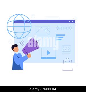 Businessman with megaphone on website. Digital marketing, advertising, social media, seo optimization concept. Vector illustration in flat style Stock Vector